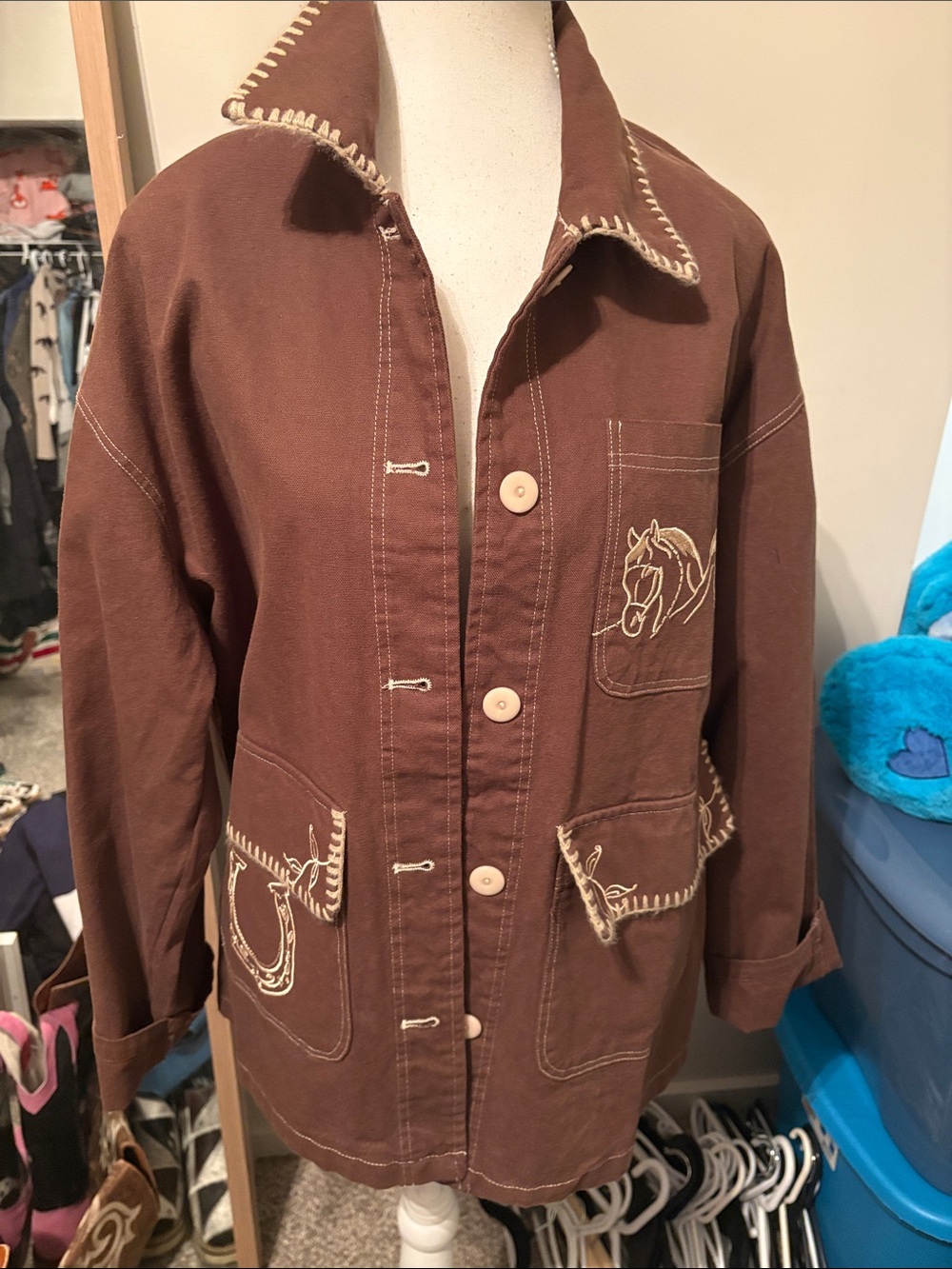 Brown Embroidered Horse Pocket Jacket - Women's
